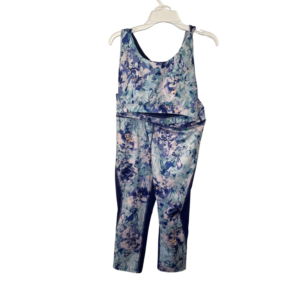 Tek Gear DryTek Athletic Cropped Leggings (M) Sports Bra (L) Set Blue Floral